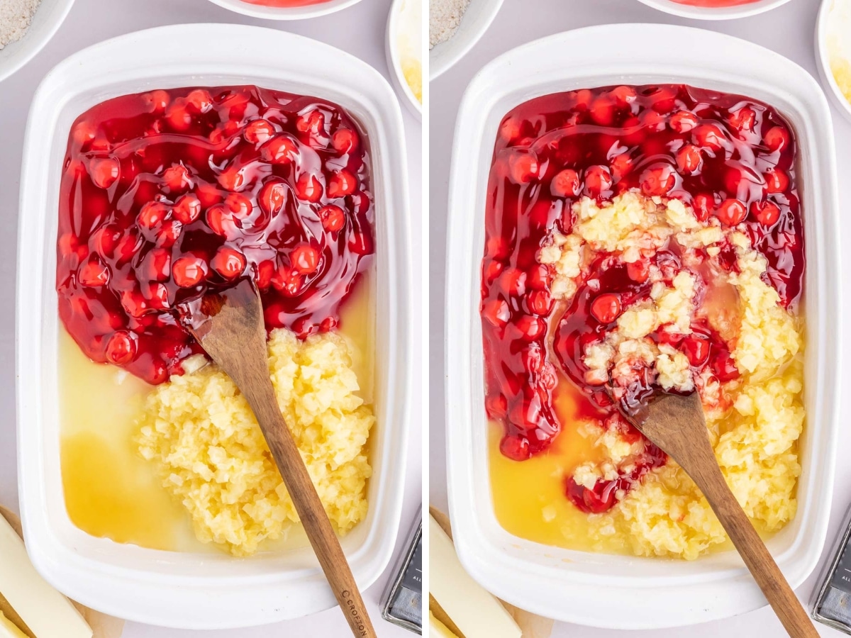 Adding cherry pie filling and crushed pineapple to baking dish and stirring.