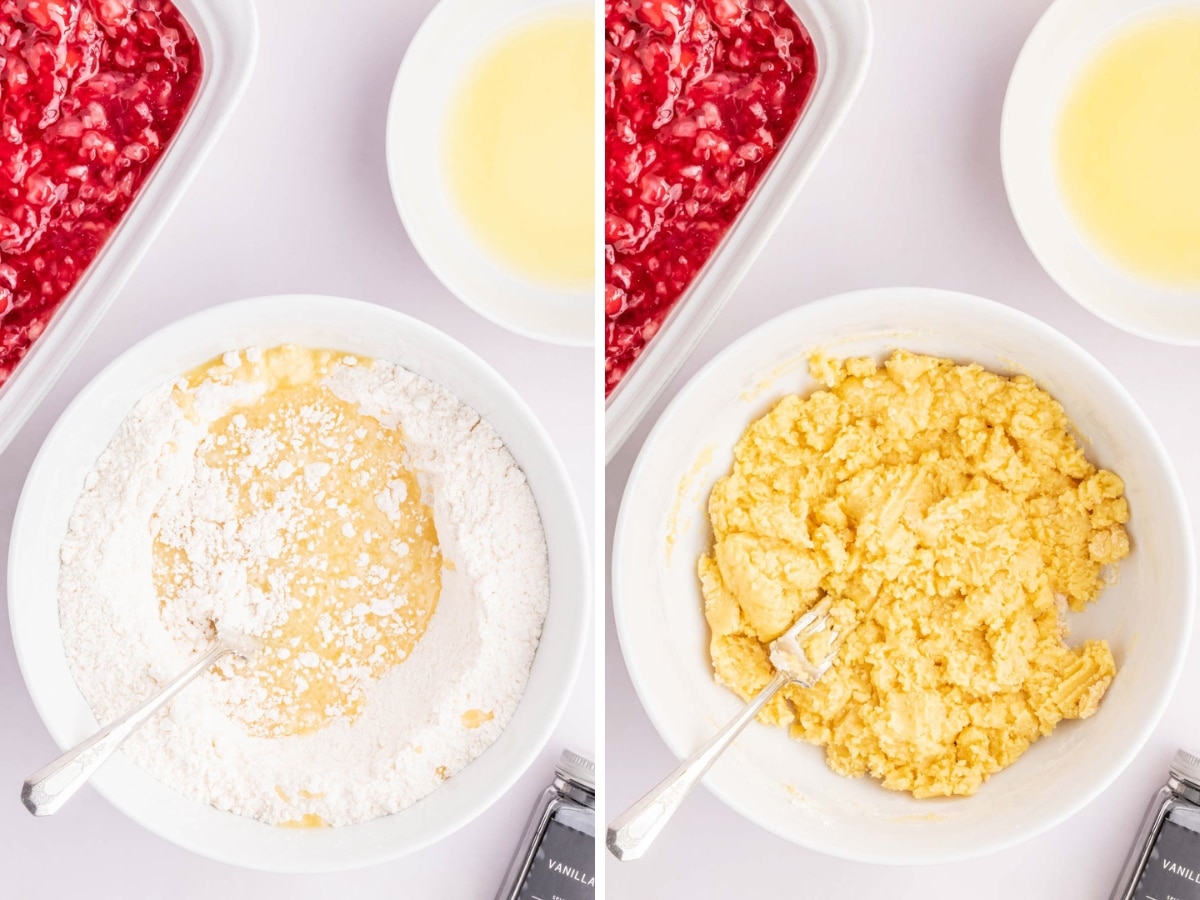 Mixing a cake mix mixed with melted butter to form topping for dump cake.