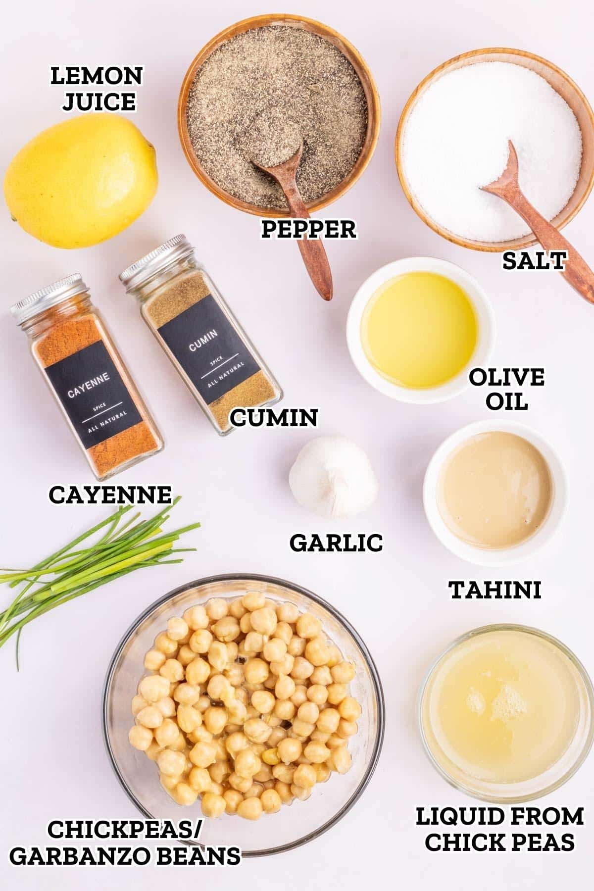 A labeled image of ingredients needed for creamy garlic hummus.