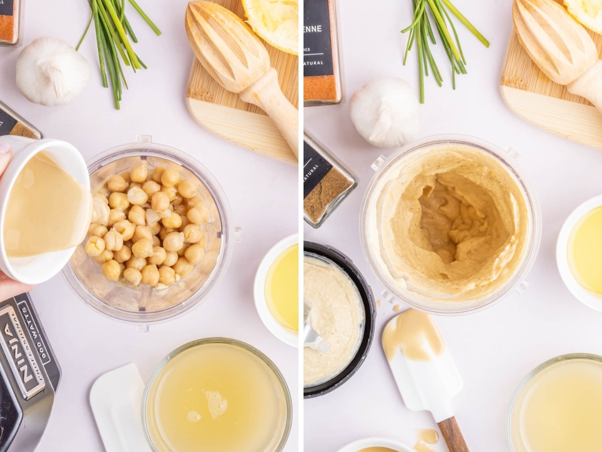 Adding liquid to blender and then blending the garlic hummus until smooth and creamy.