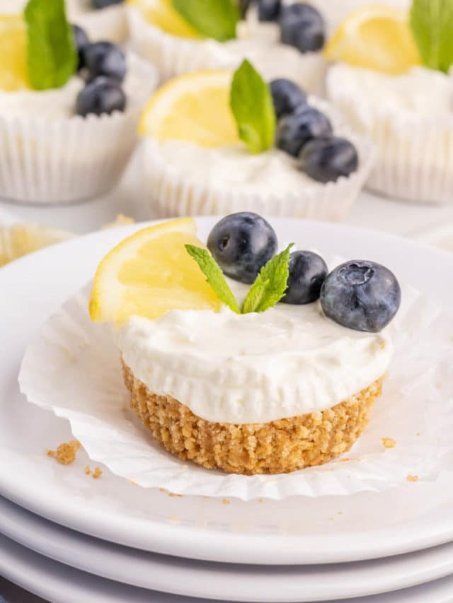 A white plate with one mini lemon cheesecake topped with a lemon slice, blueberries, and mint.