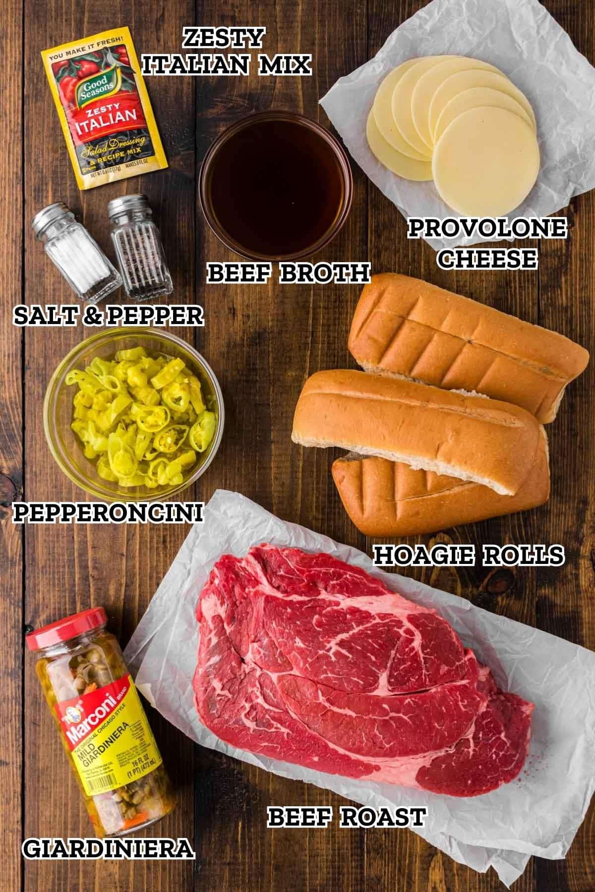 A labeled image of ingredients needed to make Italian Beef Recipe