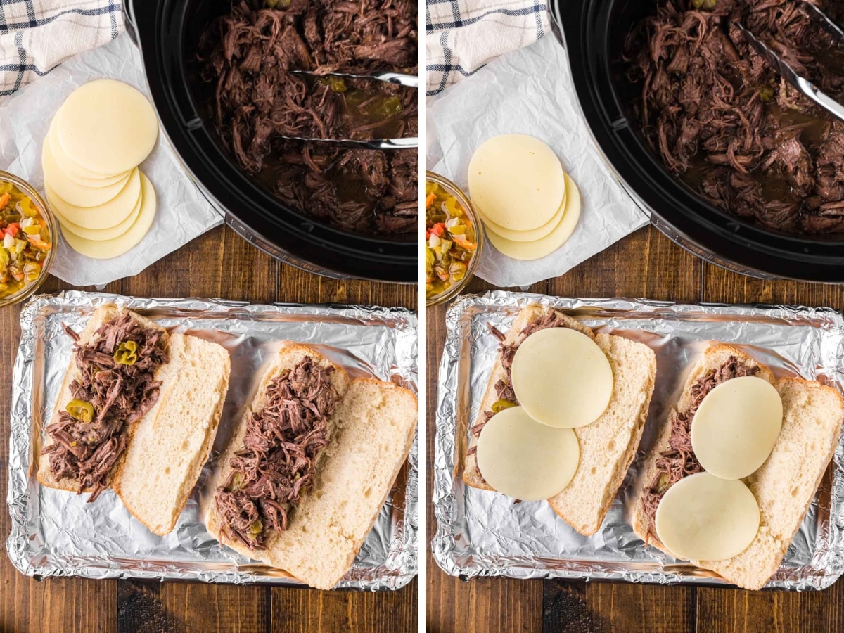 Collage image showing hoagie rolls sliced and beef and then cheese added.