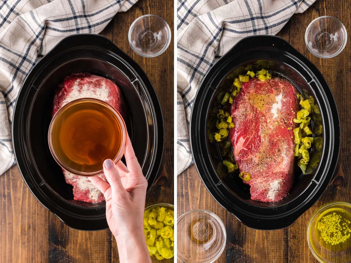 Collage image showing roast in slow cooker and beef broth and pepperoncinis added.