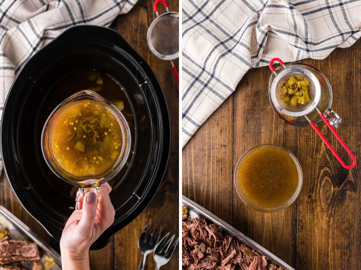 Collage images showing juices being removed from slow cooker and being drained to make au jus.