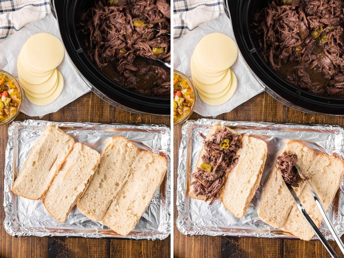 Collage image showing hoagie rolls sliced and Italian beef added.