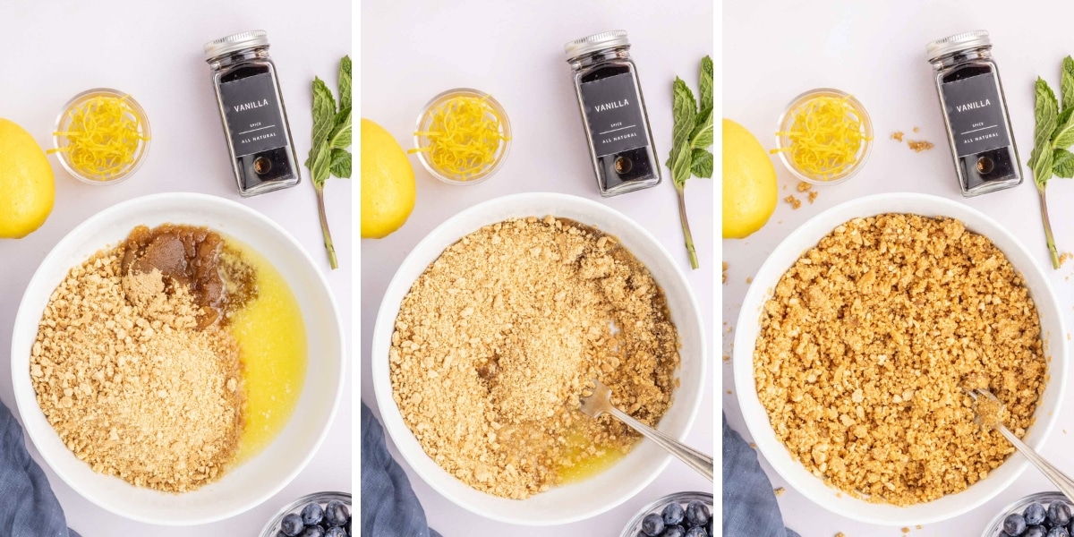 Collage image showing steps to make graham cracker crust with melted butter and brown sugar mixed with crushed graham crackers.