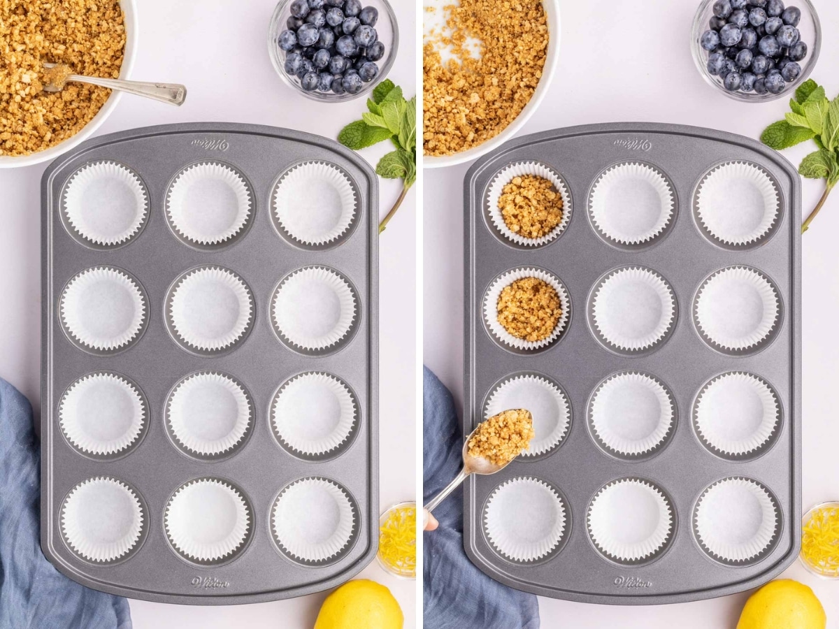 Adding graham cracker crumb mixture to cupcake tins.