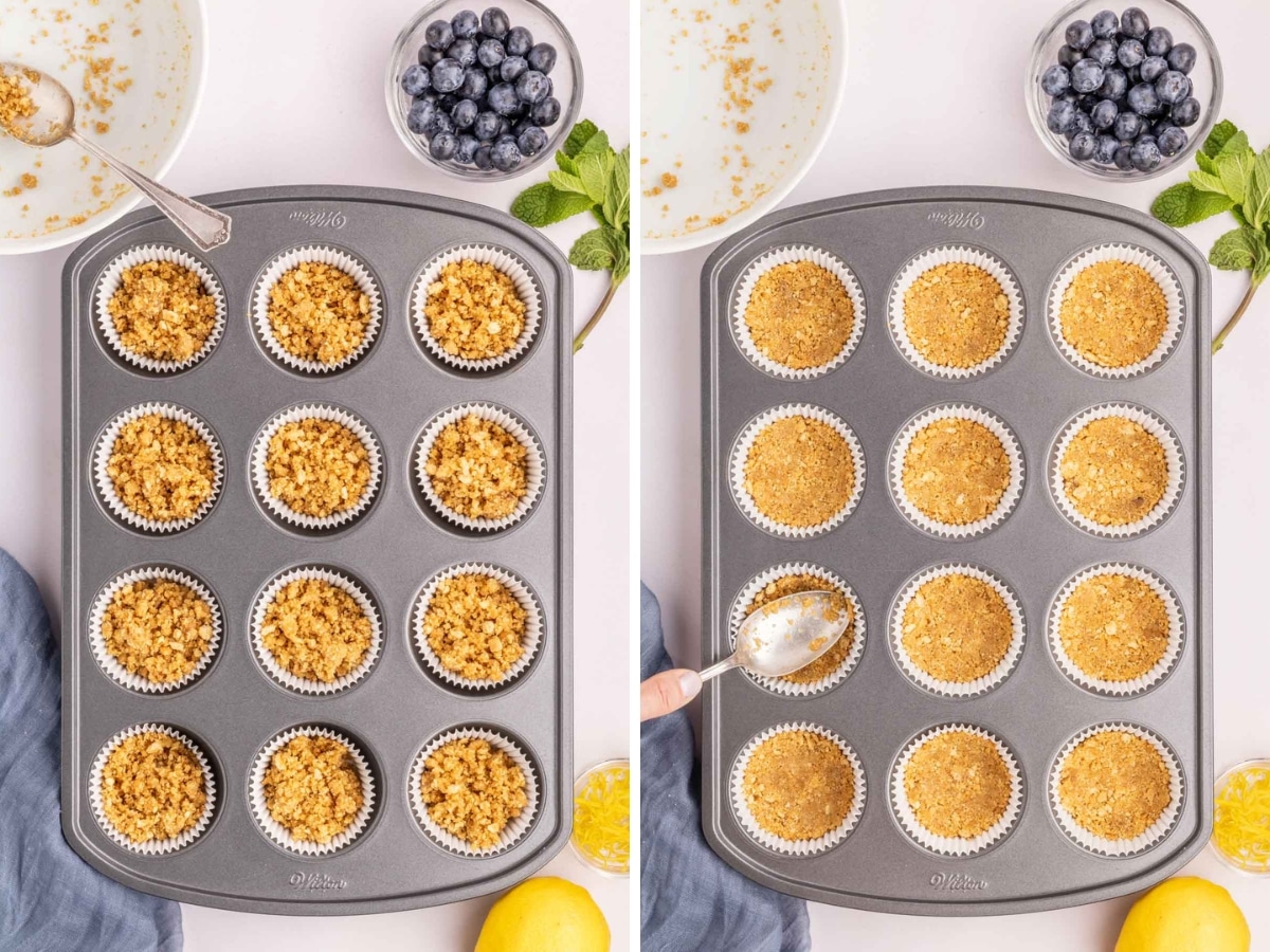 Collage image showing steps to press graham cracker mixture into bottom of cupcake liner to form a crust.