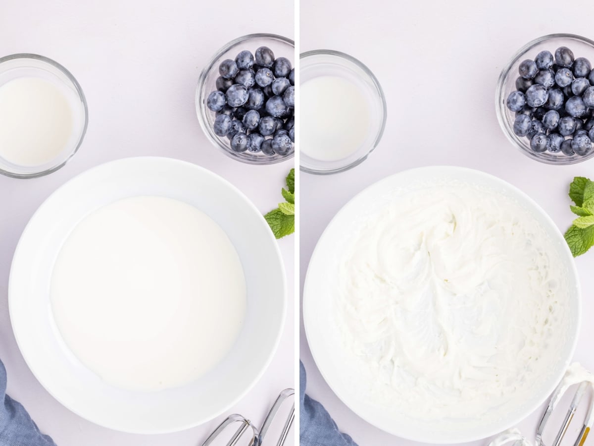 Collage image showing step to mix heavy cream into whipped cream.