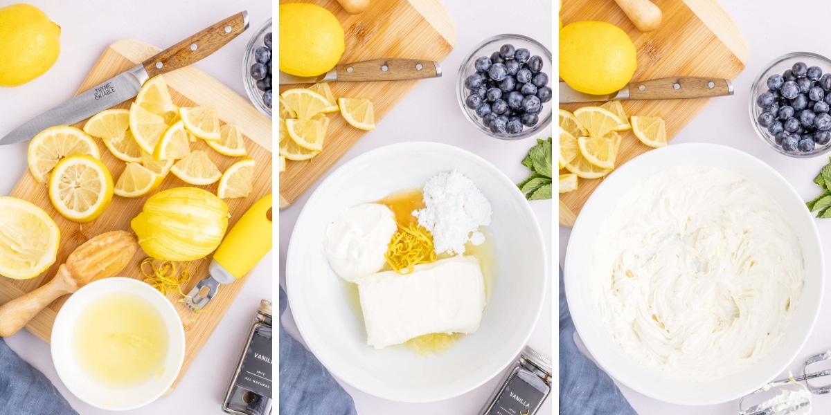 Collage image showing steps to juice and zest lemon, then add cheesecake ingredients to a bowl and beat together with an electric mixer.