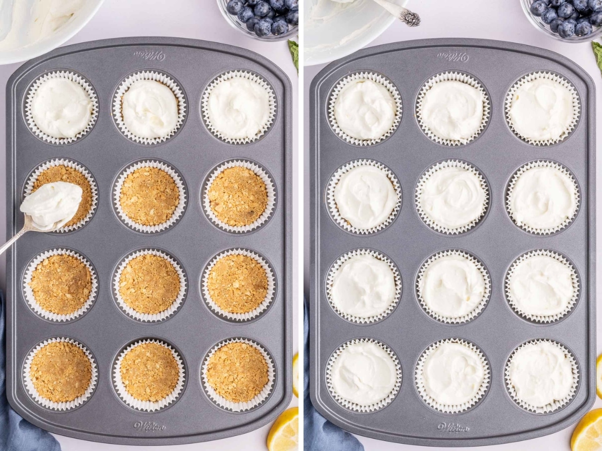 Collage image showing steps to spoon lemon cheesecake mixture to mini crusts.