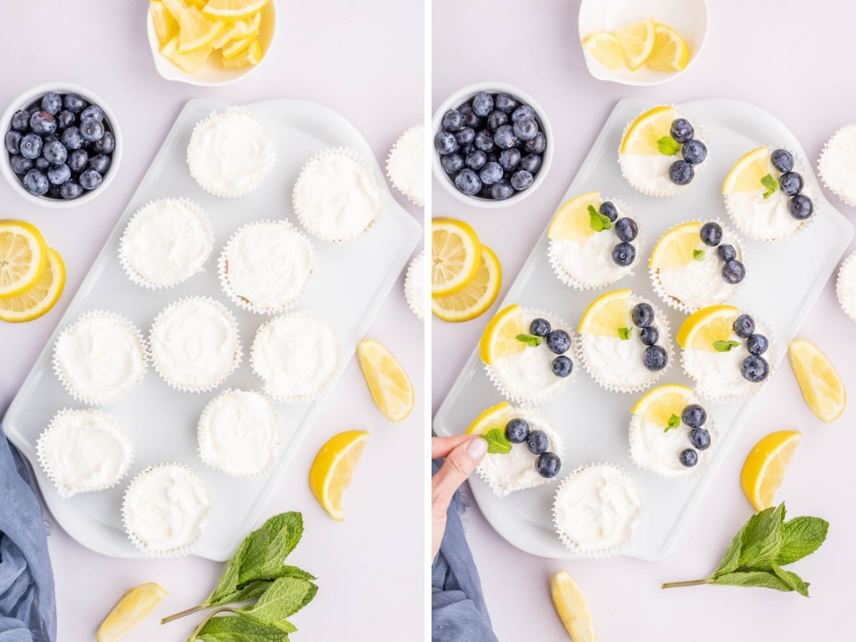 Collage image showing garnish added to set mini lemon cheesecakes.