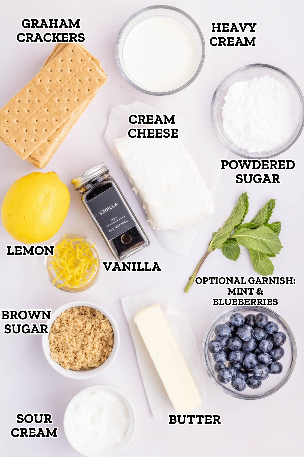 A labeled image of ingredients needed for mini lemon cheesecakes.
