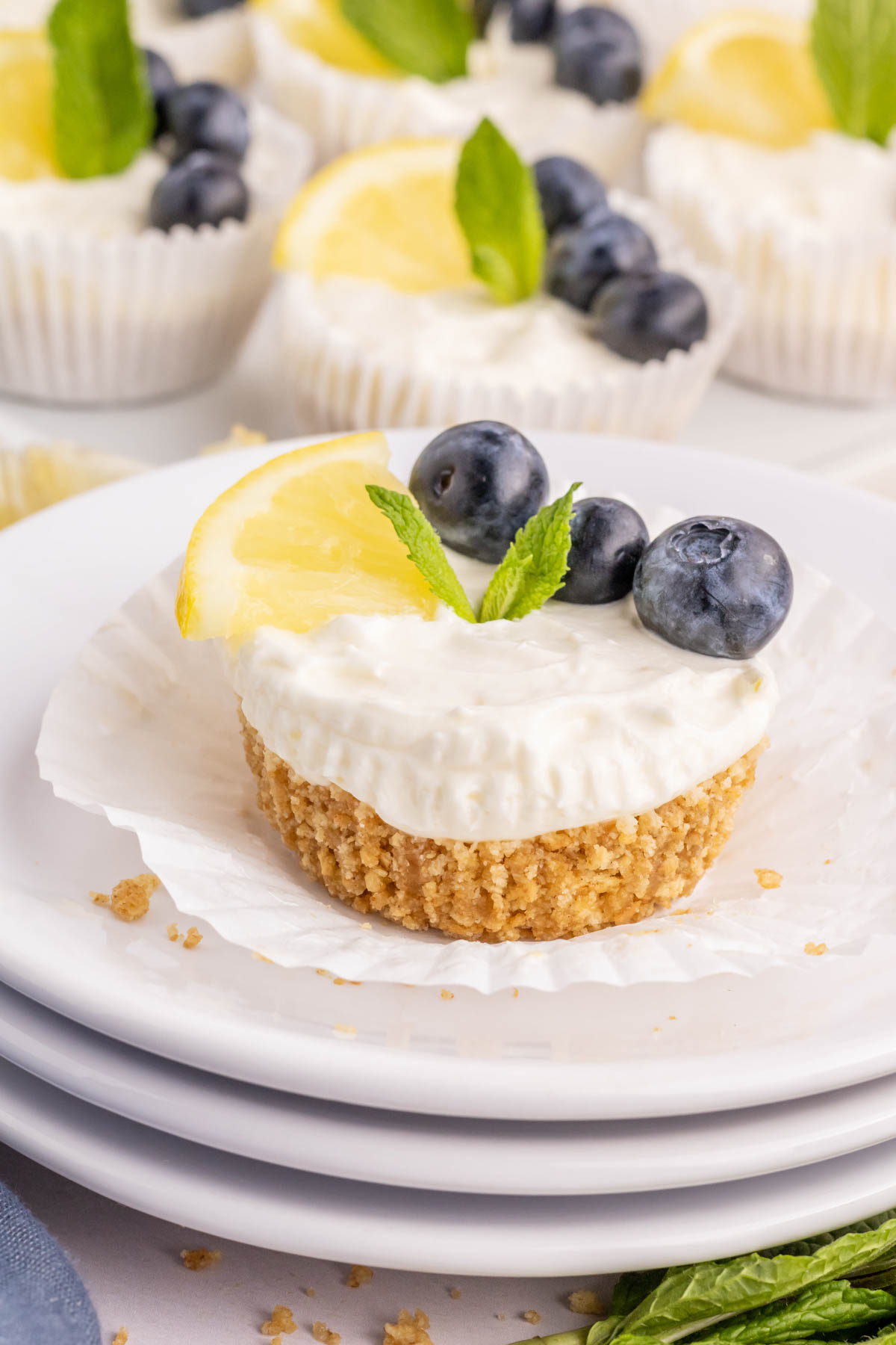 A white plate with one mini lemon cheesecake topped with a lemon slice, blueberries, and mint.