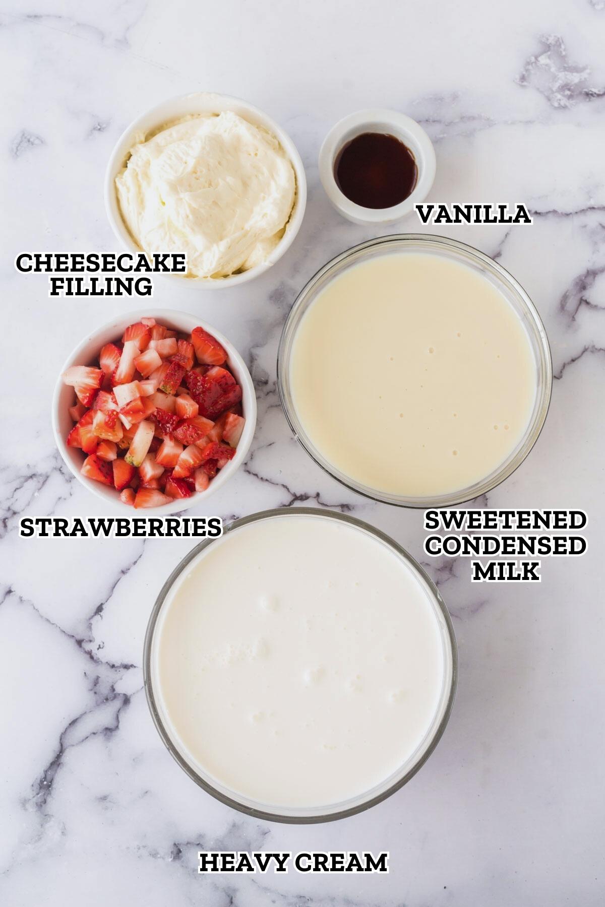 A labeled image of ingredients needed to make no-churn strawberry cheesecake ice cream.