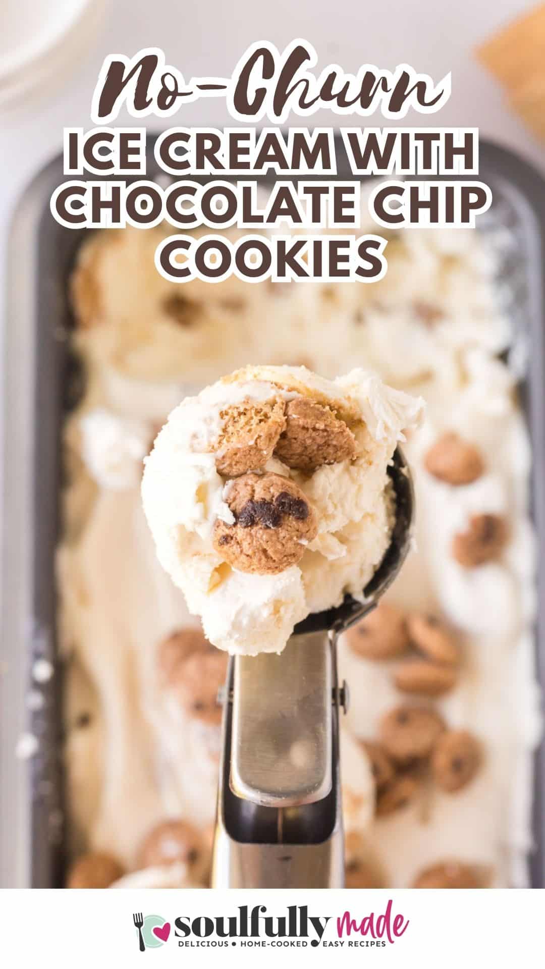Cloe up image of a pan of ice cream with a scoop filled and topped with chocolate chip cookies.