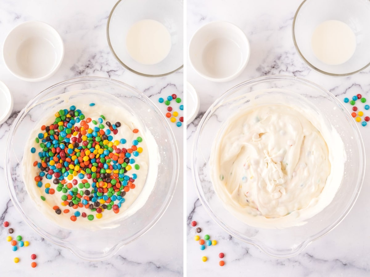 Collage image shows adding mini M&M's to whipped cream and sweetened condensed milk mixture and combining.