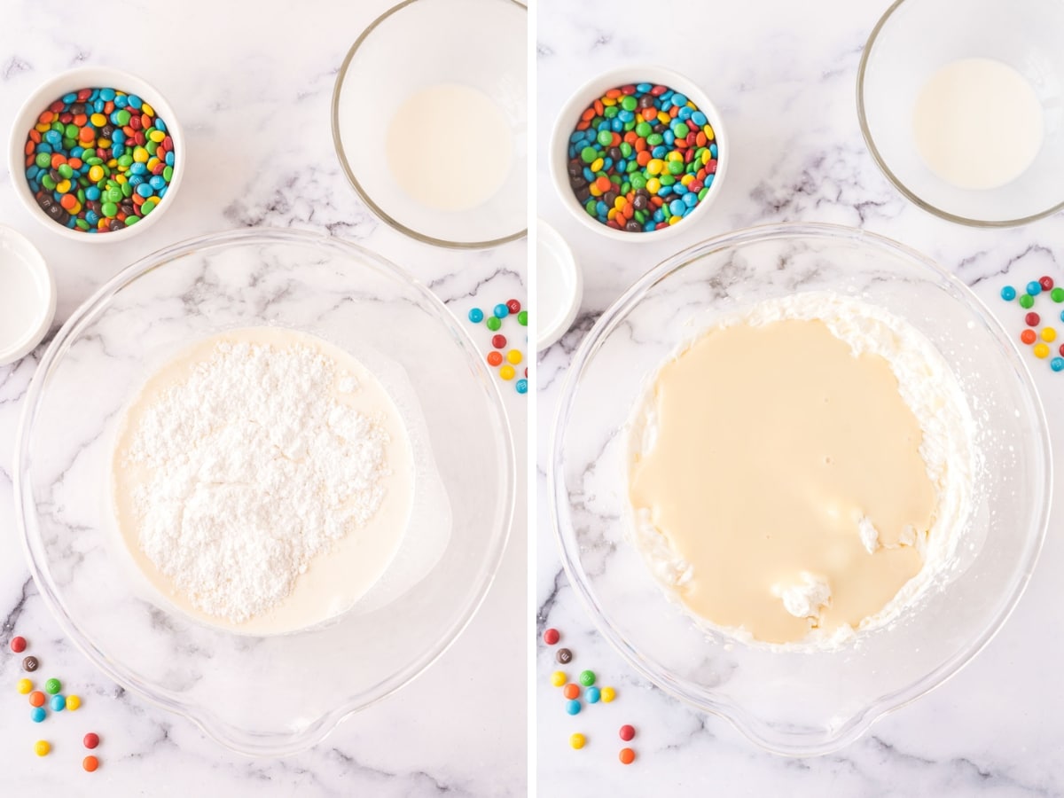 Collage image shows adding powdered sugar to heavy whipping cream and sweetened condensed milk mixture and combining to make whipped cream mixture.