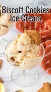 A glass dish is filled with Biscoff Ice Cream and topped with a Lotus cookie. There is an orange tea towel in the background.