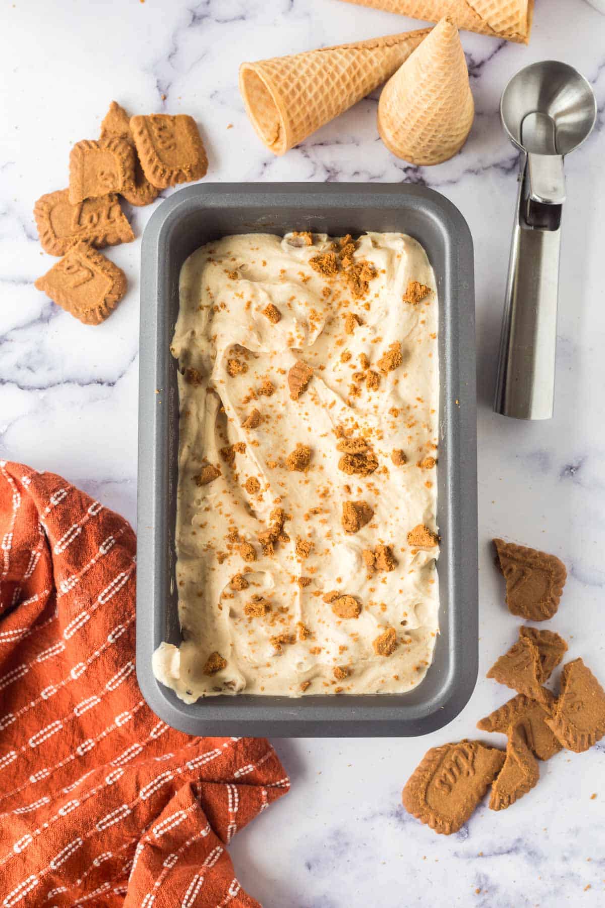 A frozen pan of Biscoff Ice Cream.