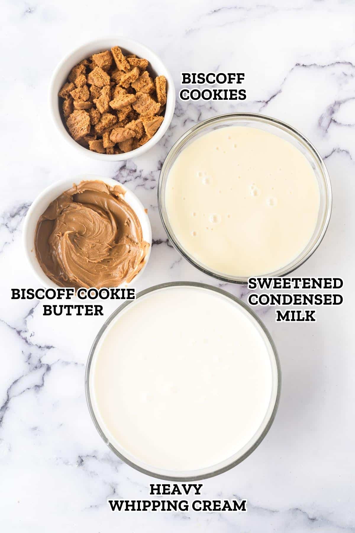 Labeled image of ingredients needed to make biscoff ice cream.