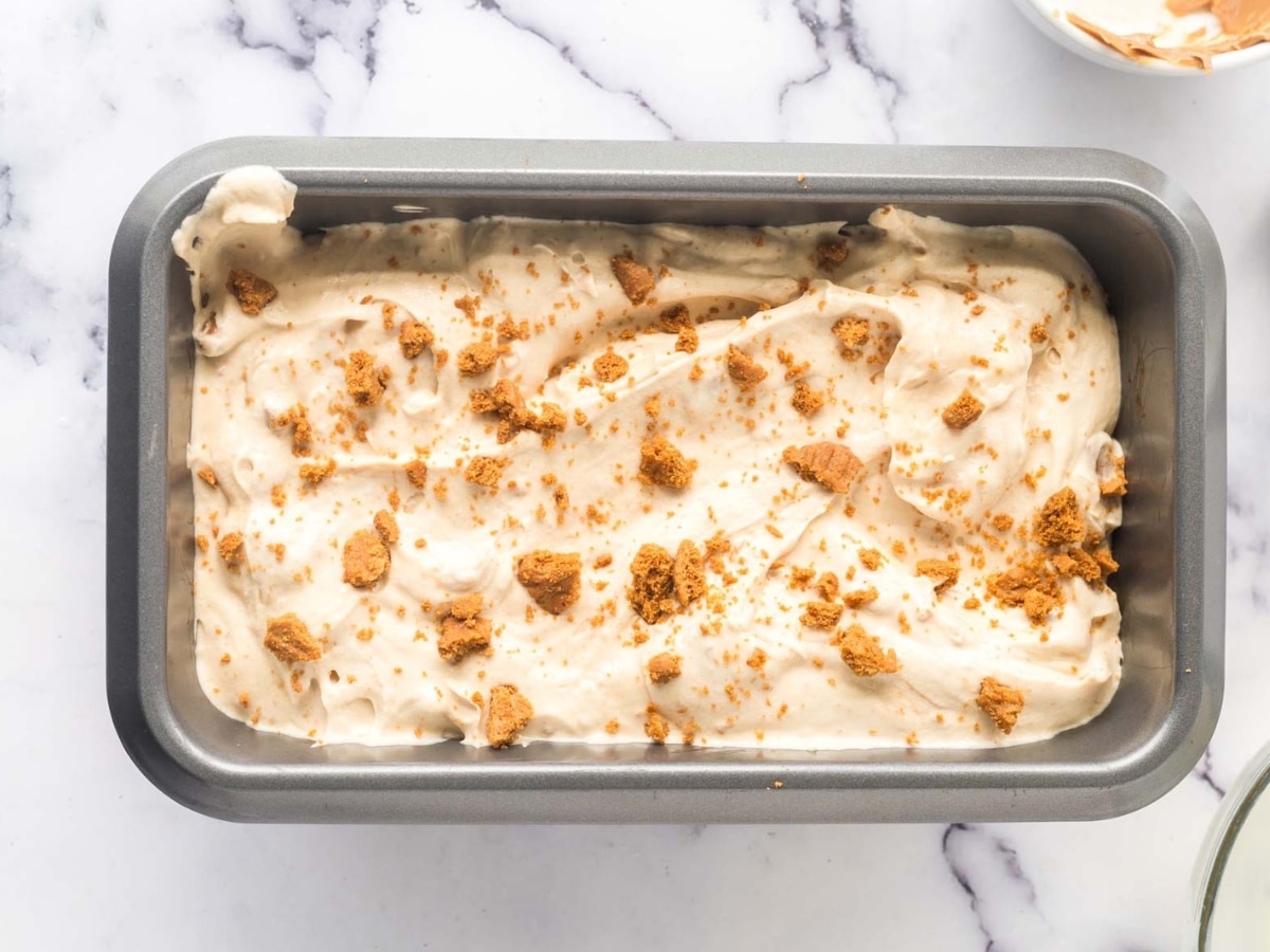 Biscoff Ice Cream in a loaf pan.