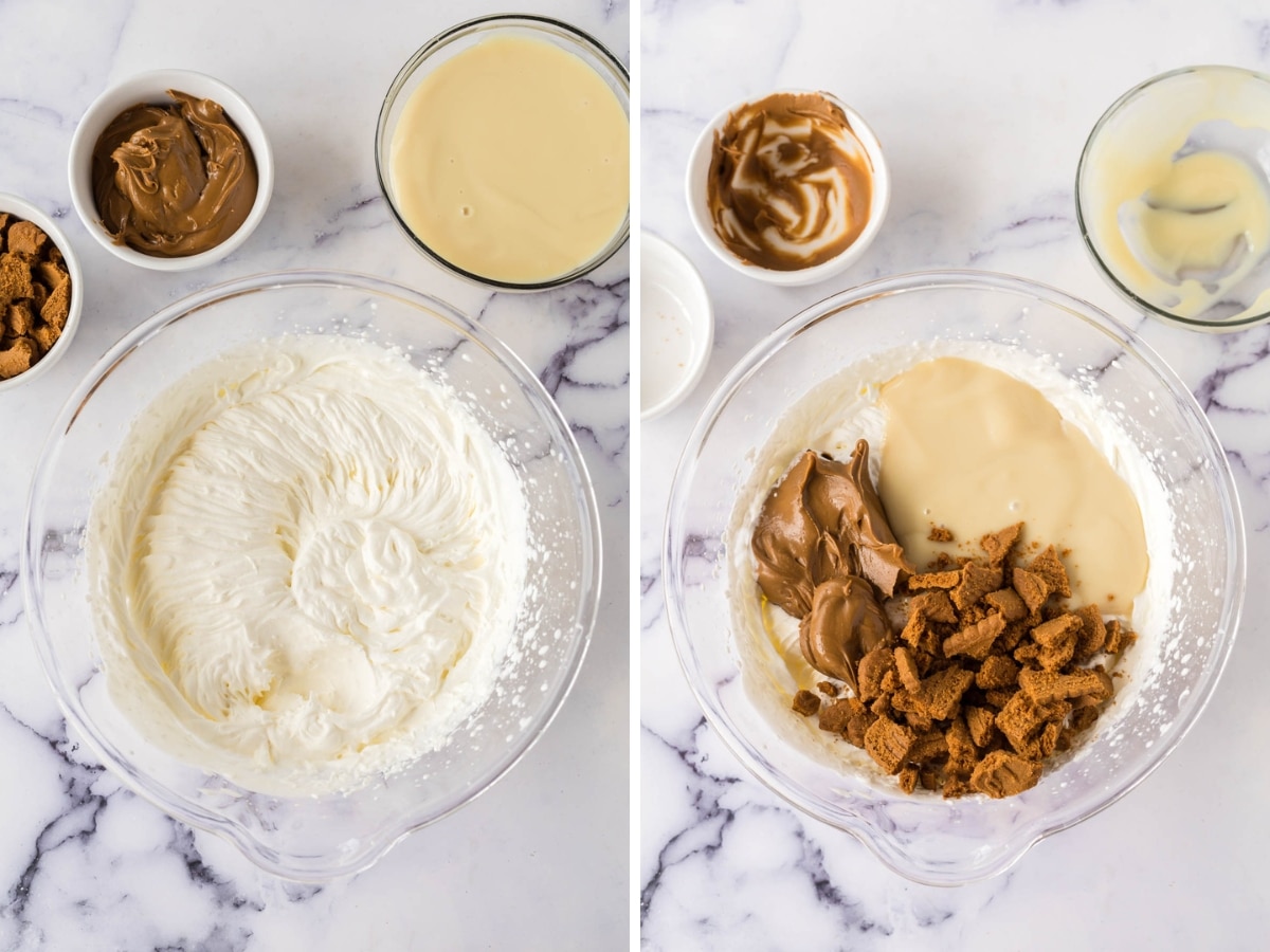 Collage images showing whipped heavy cream and adding in cookie butter, biscoff cookies, and condensed milk.