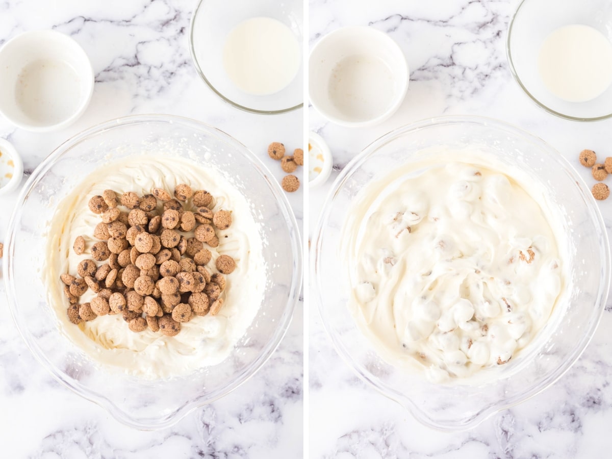 Collage image shows adding mini cookies to whipped cream and sweetened condensed milk mixture and combining.