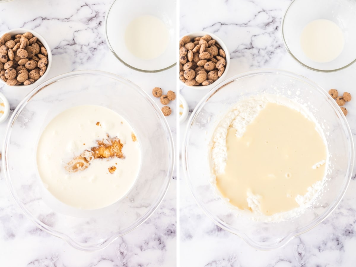 Collage image shows adding vanilla to heavy whipping cream and sweetened condensed milk mixture and combining to make whipped cream mixture.