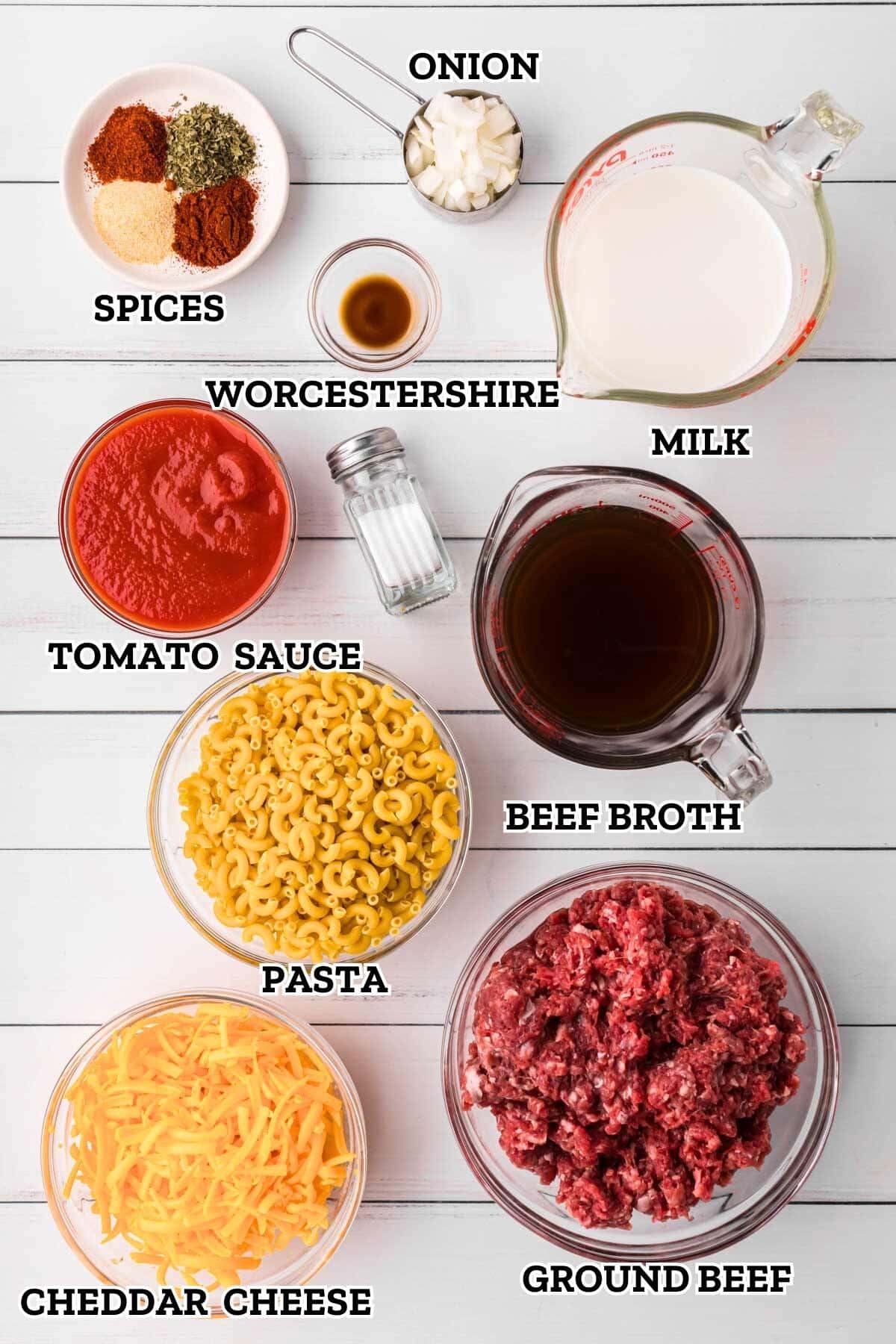 A labeled image of ingredients needed for homemade hamburger helper.