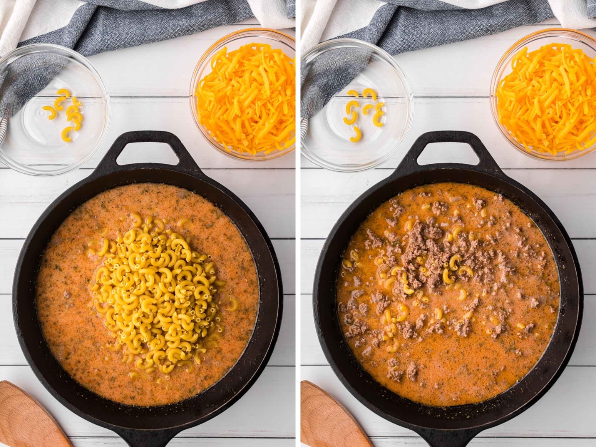 A collage image showing adding pasta and stirring together.