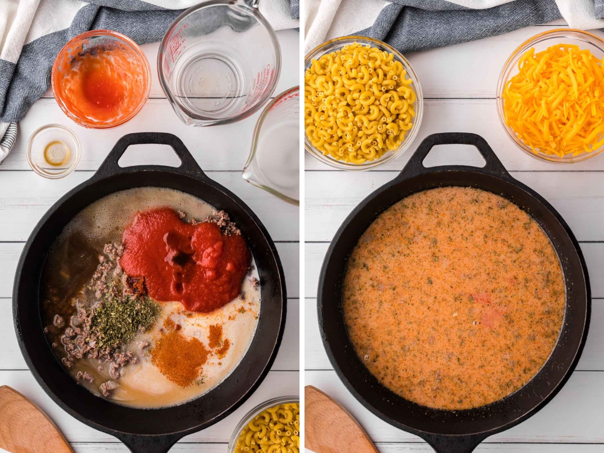 A collage image showing adding the tomato sauce and spices and stirring together.