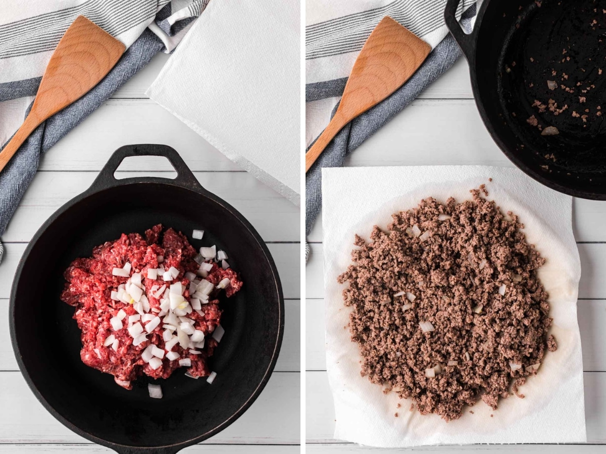 A collage image showing sautéing ground beef and onions and then draining on paper towels.