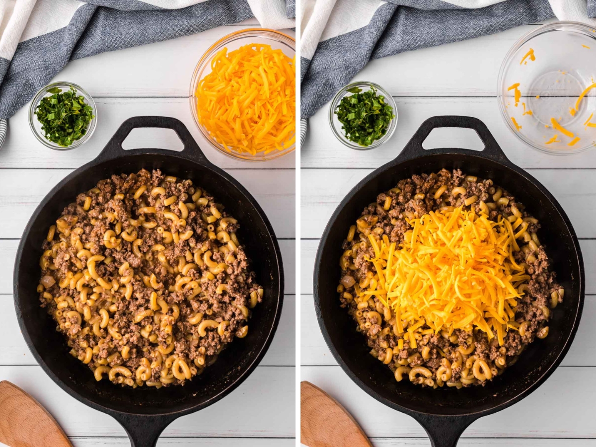 A collage image of a pan of cooked cheesy hamburger skillet and then adding the shredded cheese to the pan.