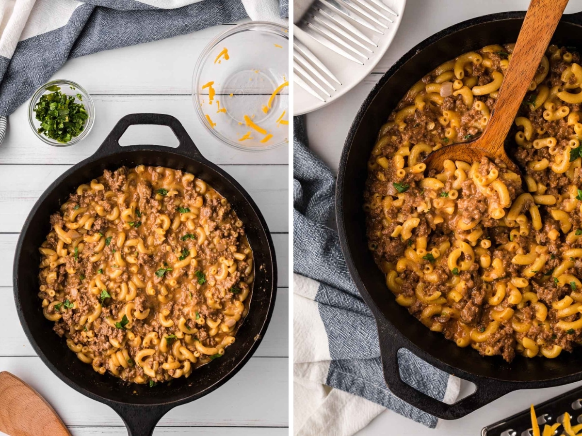 A collage image showing hamburger helper finished in the skillet and an up close image of the dish.