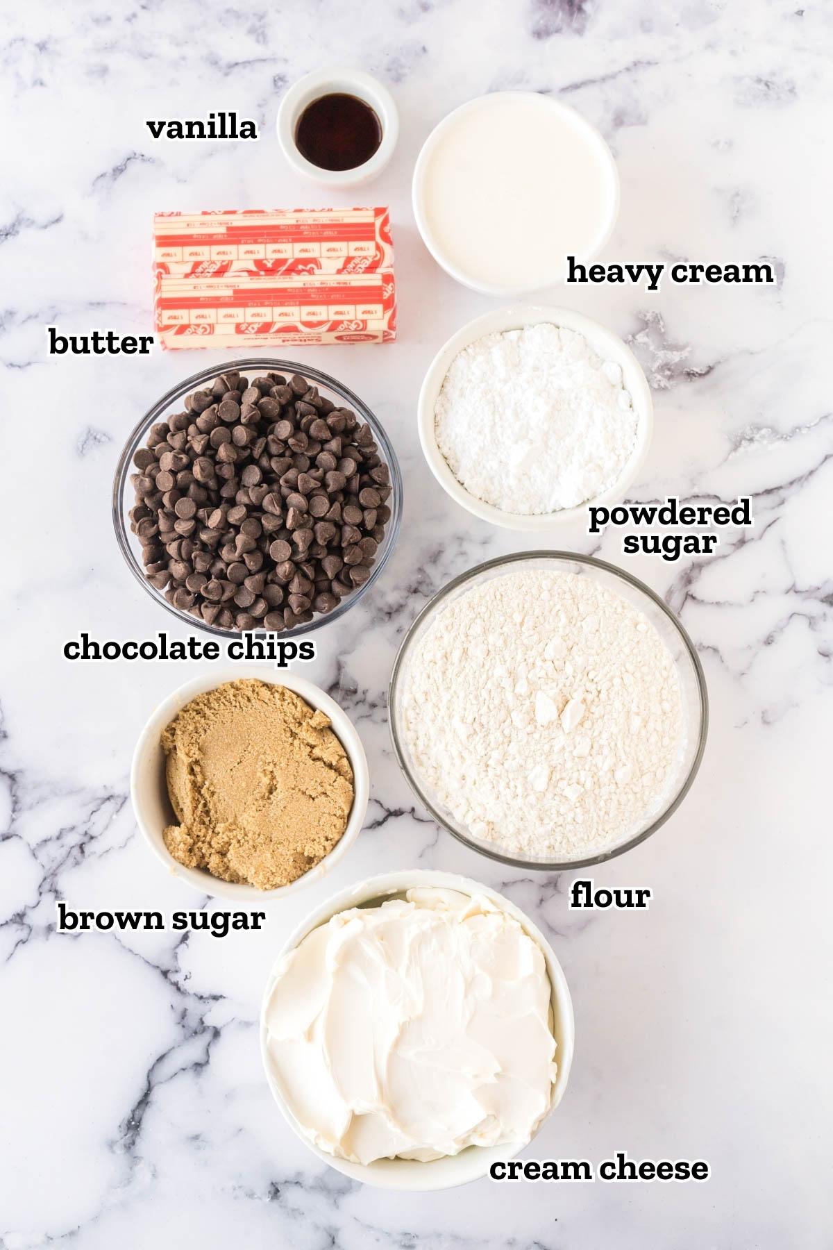 A labeled image of ingredients needed to make no-bake cookie dough cheesecake.