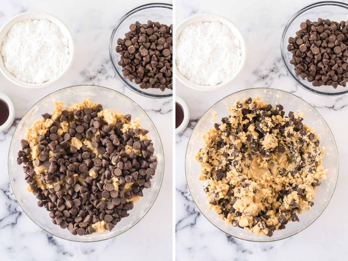 Collage image showing adding chocolate chips to cookie dough.