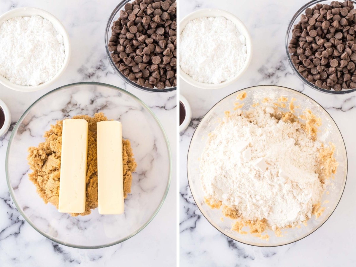 Collage image showing butter and brown sugar being creamed and then flour added.