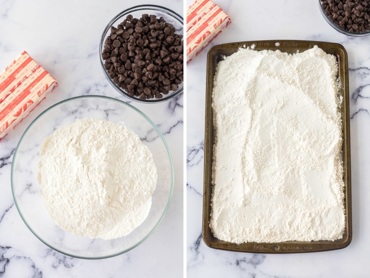 Collage image showing flour in a microwave safe glass bowl or on a baking sheet so that they can be heat treated for edible cookie dough.