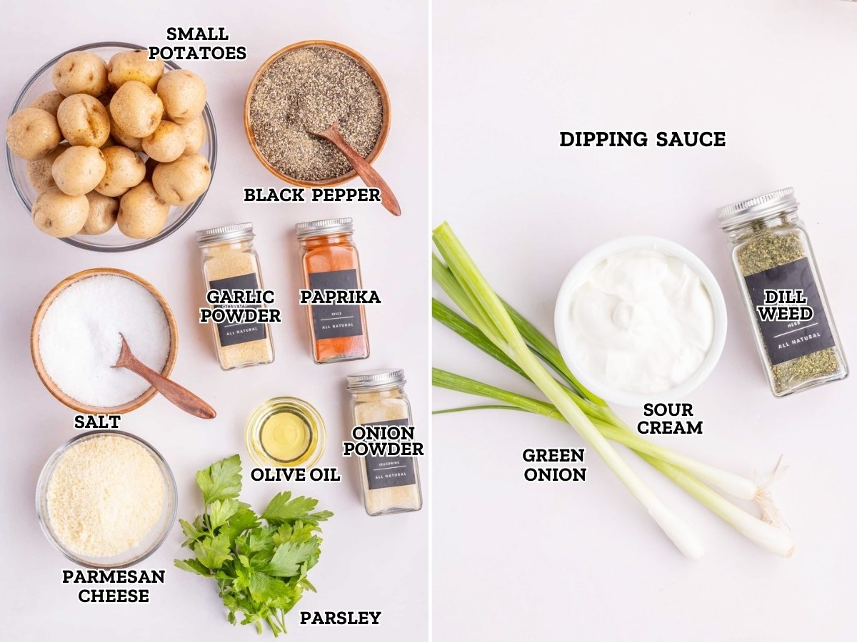 A labeled image of ingredients needed to make parmesan roasted potatoes.