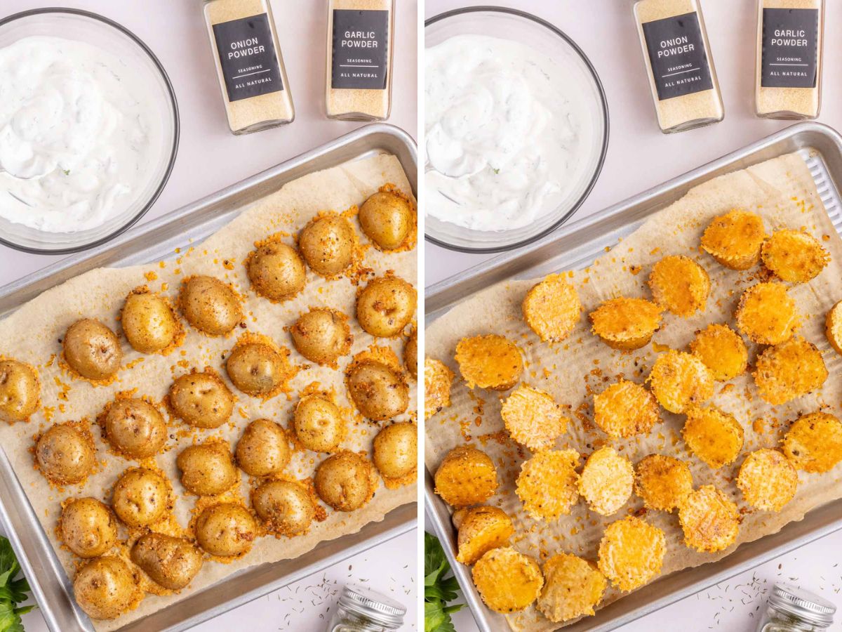 Collage image shows parmesan roasted potatoes after being baked and then them turned over on the baking sheet to show crispy cheesy side.