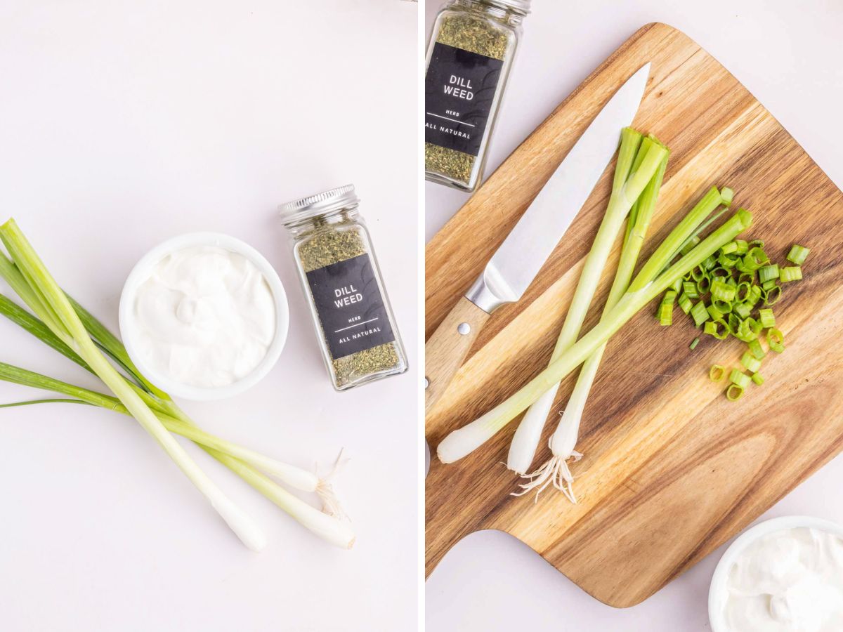 Collage image shows dipping sauce ingredients and the onions sliced.