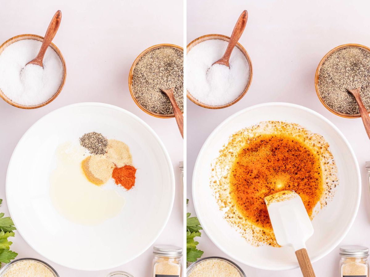 Collage image shows spices in a bowl and then olive oil added and stirred together.