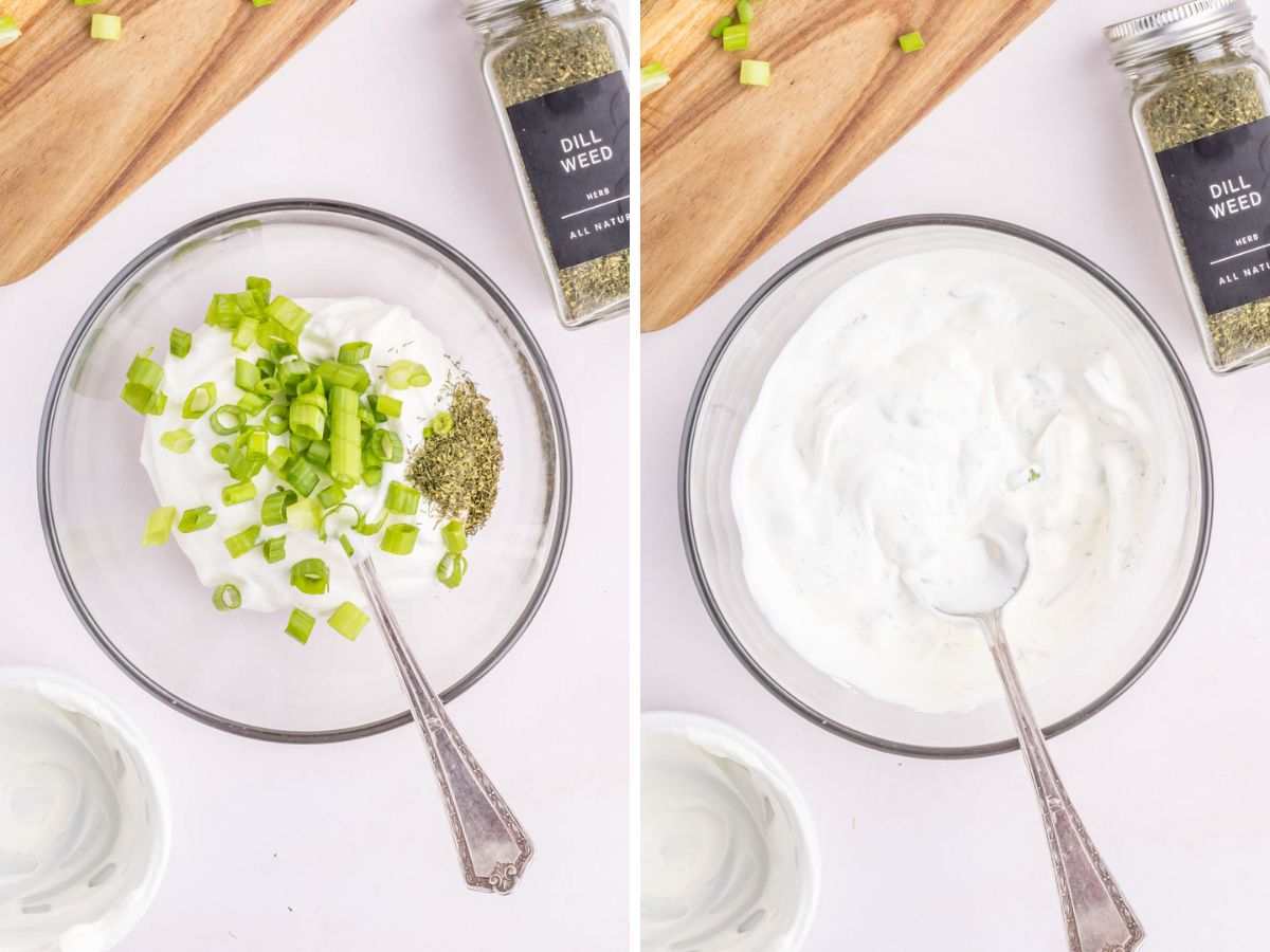 Collage image shows dipping sauce ingredients in a bowl and then stirred together.