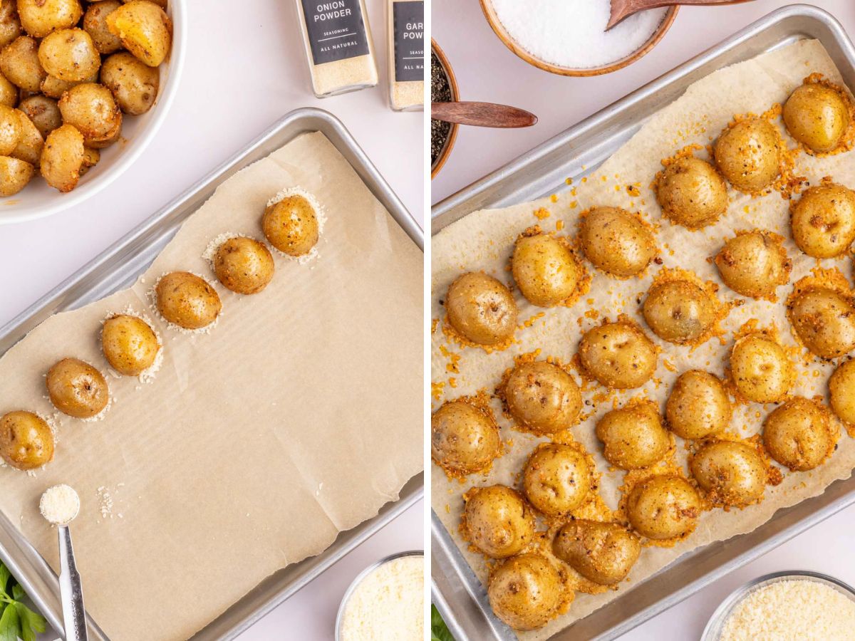 Collage image shows parmesan cheese added to the lined baking sheeting and then potatoes placed on top.