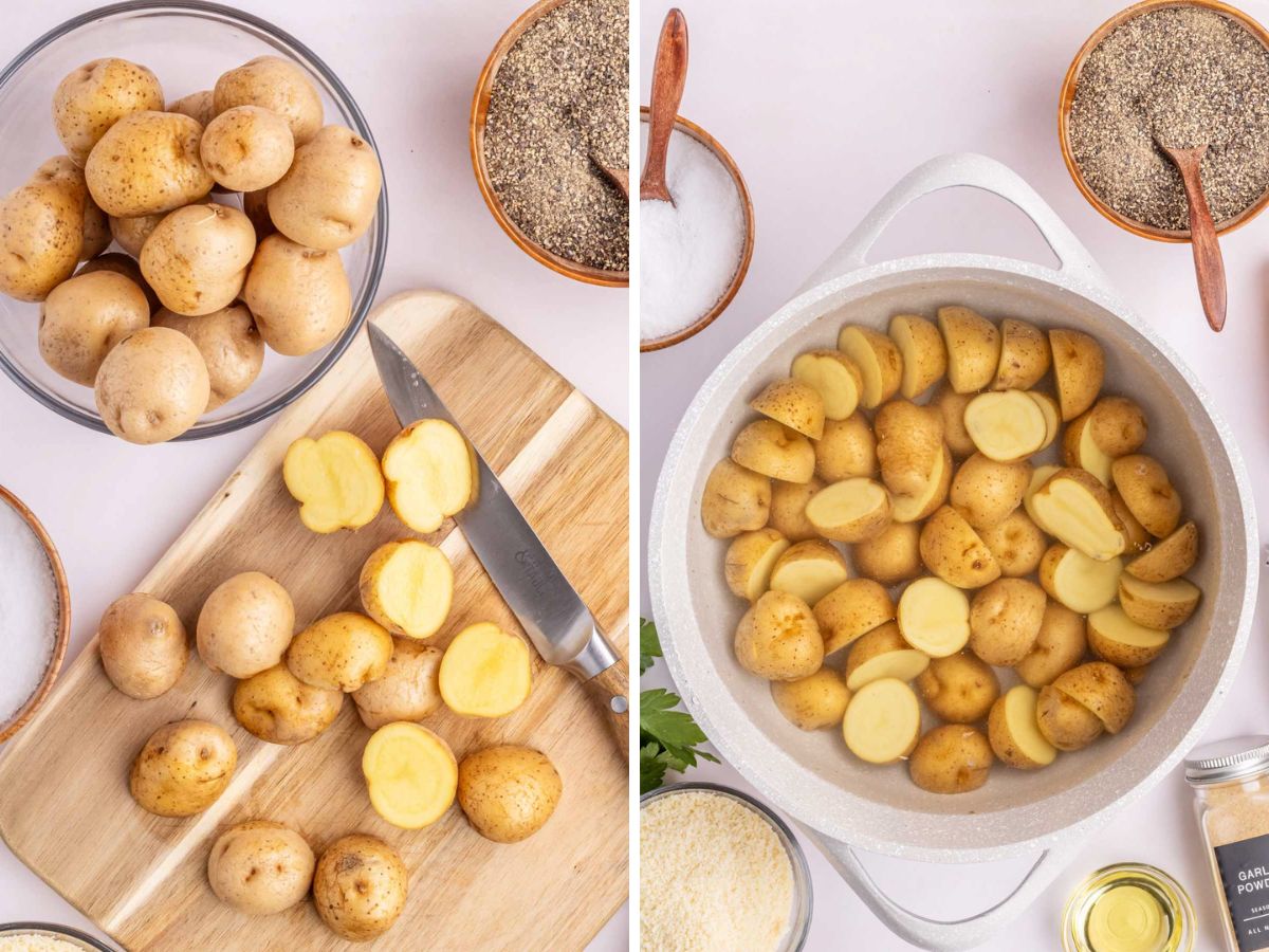 Collage image showing potatoes being sliced and parboiled.