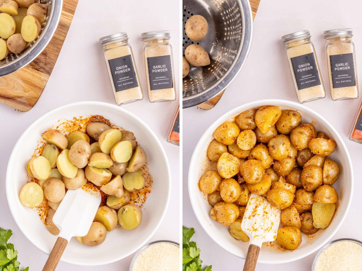 Collage image showing potatoes being tossed in spices and olive oil.