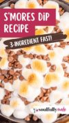 S'mores Dip Recipe image close up featuring browned marshmallows and chocolate chips.