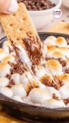 A graham cracker dipping into the ooey gooey s'mores dip topped with chocolate chips.